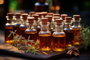 Cinnamon essential oil bottles in rustic composition., generative IA