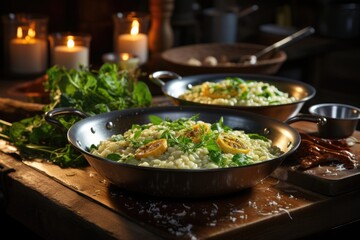 Italian cuisine chef with sage in risotto., generative IA