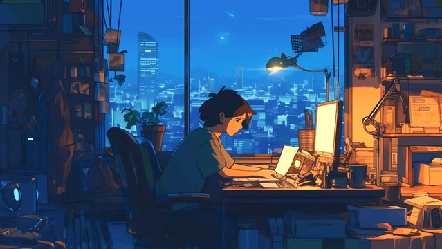Girl Playing Laptop at Desk with Night City View and Falling Stars Outside the Window, Chill Vibes, for Lofi Background Music.