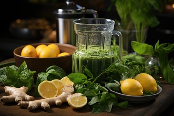 Green smoothie with fresh ginger and healthy ingredients., generative IA