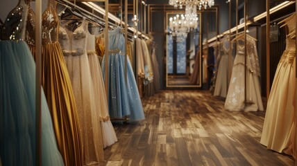 A long room with many dresses on display