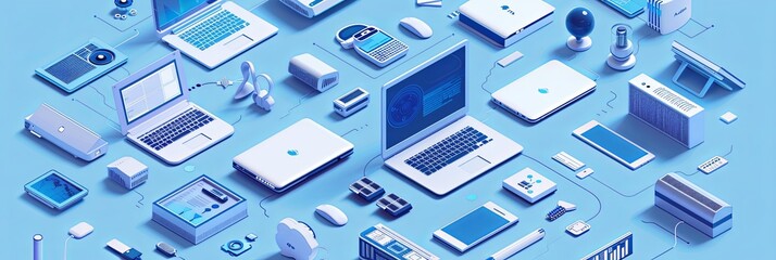 Collection of computers, laptops, and technology equipment on a blue background. Ideal for computer service and tech repair banners. Generative AI