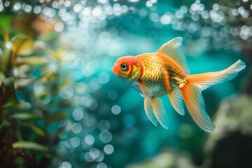 Fototapeta premium Goldfish in aquarium with aquatic plants background