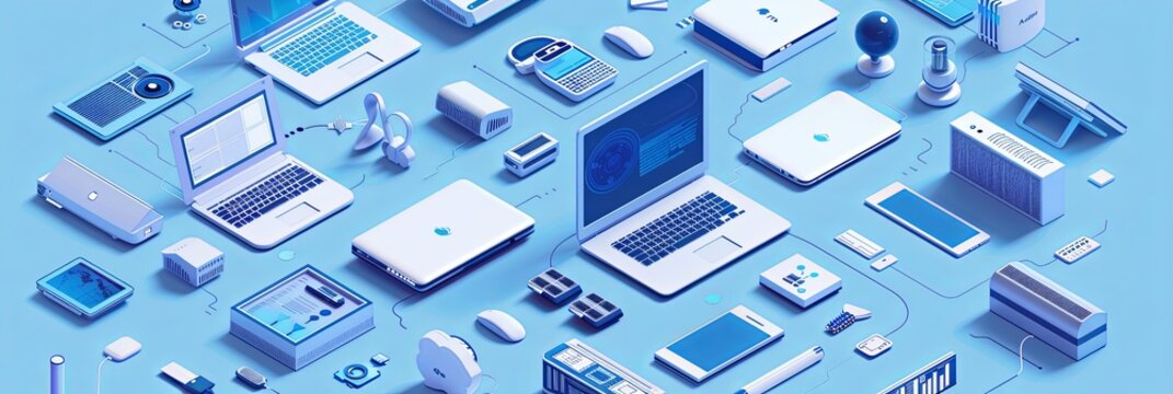 Collection of computers, laptops, and technology equipment on a blue background. Ideal for computer service and tech repair banners. Generative AI