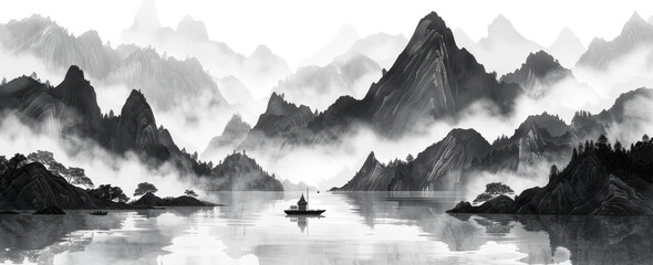 Chinese ink painting style, mountains and rivers in the distance, misty clouds floating on top of them, a boat sailing between mountain peaks, trees growing along river banks