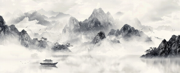 Chinese ink painting style, with mountains and rivers in the background, a boat on an island floating on water, misty clouds above, black white gray color scheme, high resolution
