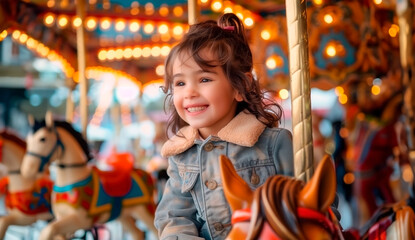 Happy child on the carousel ride in a theme park
