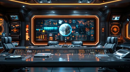 Fototapeta premium A futuristic desk made of holographic material, projections, showcasing the cutting-edge technology.