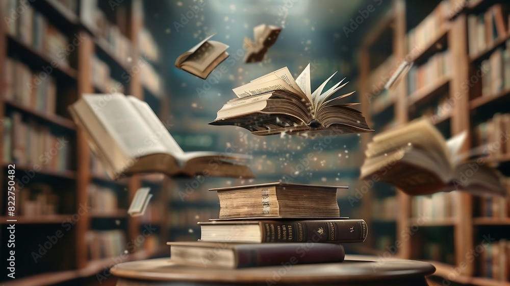 Poster a stack of old books and flying book pages against the background of the shelves in the library anci