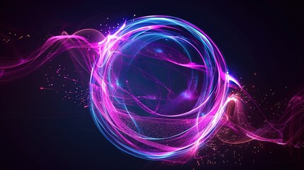 Obraz premium Abstract Neon Energy Sphere: Magical Glowing Particles and Waves on Dark Background