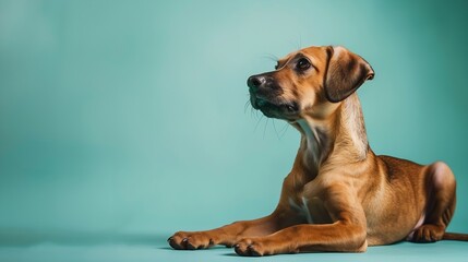 Harrier dog lying on turquoise background while looking up Cute brown mediumsized puppy dog waiting for food or watching something 1 year old female Harrier Labrador mix dog Colored ba : Generative AI