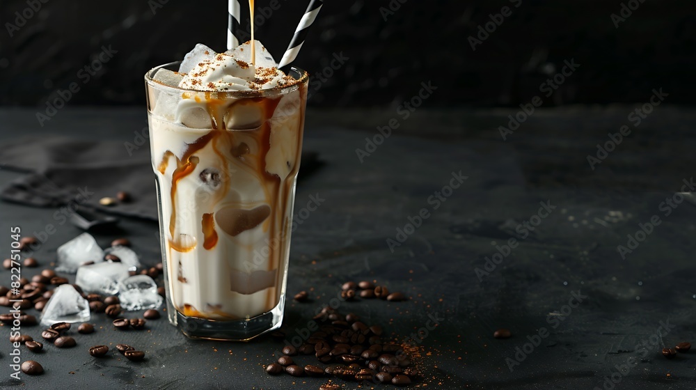 Poster ice coffee in a tall glass with cream poured over ice cubes and beans on a dark concrete table cold 