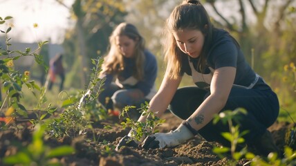 Young Volunteers Planting Trees for Community Environmental Conservation