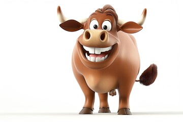 Fototapeta premium happy cute brown cow cartoon smiling with white teeth isolated on white background, side view 
