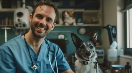 Happy vet with dog and cat focus intentionally left on smile of veterinary : Generative AI