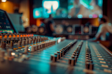 Closeup of a sound console in a recording studio with a screen displaying video and a mixing desk, blurred people in the background. Interior of a music production room or movie film post studio