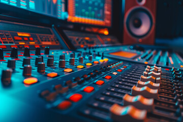 Close up of a sound studio with a professional audio mixing console and monitors, in the style of a video production or film capture concept, a detailed illustration, a high resolution photography
