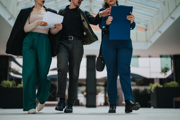 Group of three professionals walking indoors discussing business documents. They are carrying papers and a folder, dressed in formal attire, indicating a business meeting.