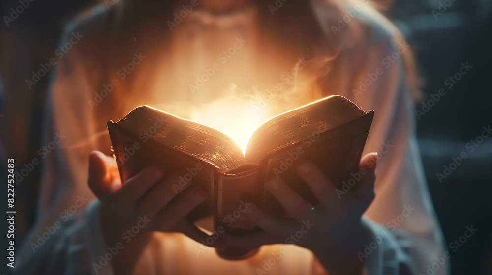 Poster light coming from book in womans hands in gesture of giving offering concept of wisdom religion read