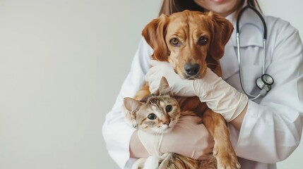 Happy veterinarian hugging dog and cat : Generative AI
