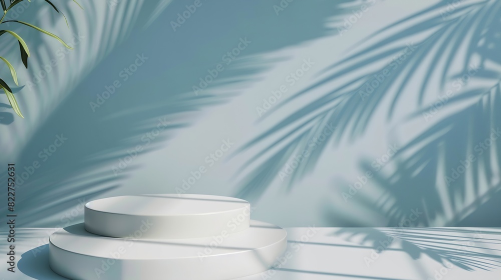 Aufkleber An elegantly simple white podium setup with the serene shadow of a palm leaf cast on a smooth blue background : Generative AI