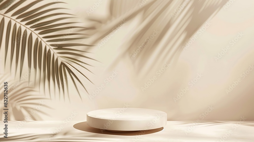 Aufkleber Beige background  for product presentation with shadow of tropical palm leaves and light Podium stage pedestal  platform for cosmetic product Empty round podium Mockup : Generative AI