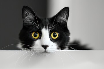 Black and white cat with yellow eyes peeking from behind a corner