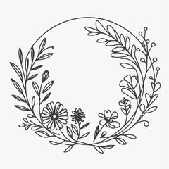 Floral Circle Frame Vector Wreath branch in hand drawn style isolated on white. Floral round frame of twigs, leaves and flowers. Frames for the Valentine's day, wedding decor, logo, identity template