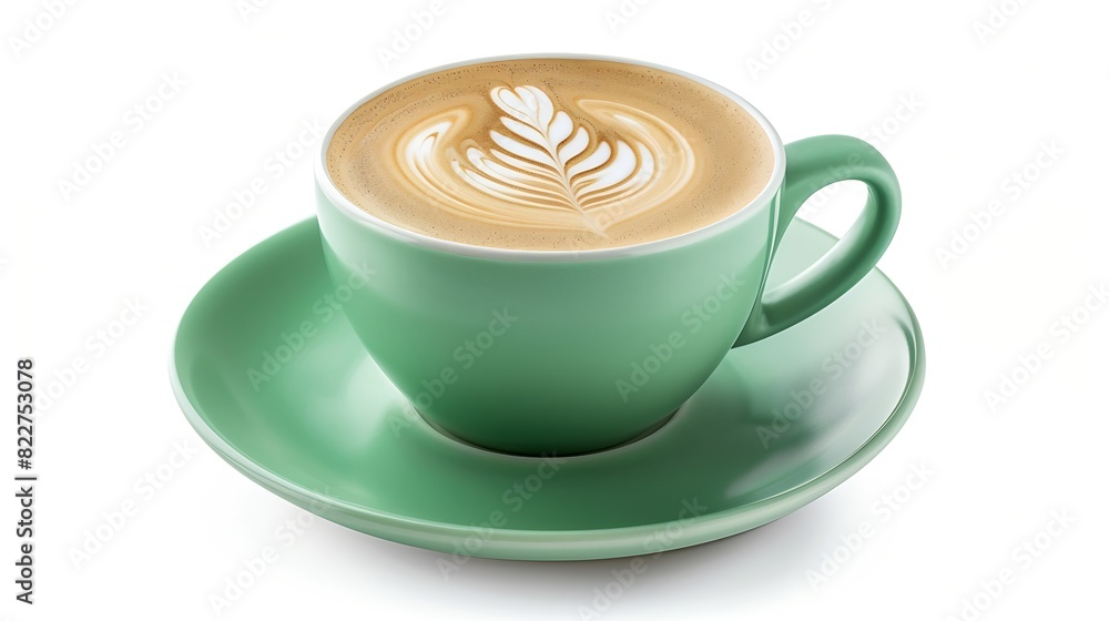Poster side view of hot latte coffee with latte art in a ceramic green cup and saucer isolated on white bac