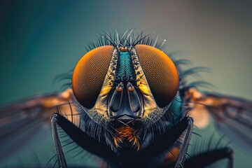A close-up of a fly's head, focusing on the symmetry of its eyes - Powered by Adobe