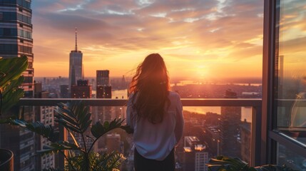 A woman is standing on a balcony overlooking a city at sunset