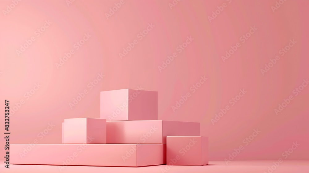 Aufkleber awarding podium made of three 3d pastel square shapes of different sized against blank pink backgrou
