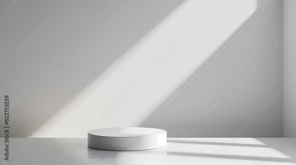 Poster White abstract empty corner blank table studio shot empty table white podium with spotlight and bright minimal background plaster bright white and gray wall and white table stage backg : Generative AI
