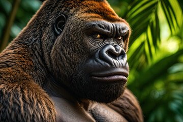 Obraz premium A close-up of a gorilla with a stern expression, standing amidst lush green foliage.