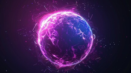 Abstract Neon Energy Sphere: Magical Purple and Pink Waves and Sparks