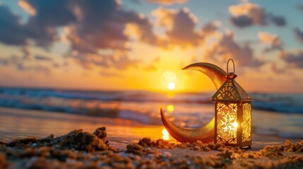 Shiny golden crescent moon with star lantern and arabic lantern on sea beach at beautiful sunset sky with cloud