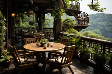 Serene balcony with bamboo furniture., generative IA