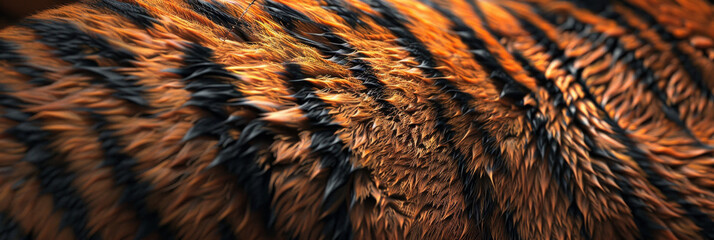 A closeup of the striped fur texture on an tiger's back, showcasing its rich orange and black stripes in high resolution. ,a softly blurred background