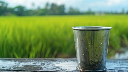 selective focus image of old Thai style silver cup with cold water inside on wooden table with blurred natural green rice field