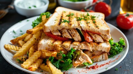 Sandwich with chicken, vegetables and french fries on a white plate
