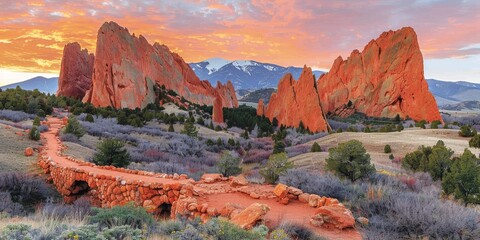 Vibrant sunrise over dramatic red rock formations in Garden of the Gods, set against distant snow-capped peaks and colorful sky