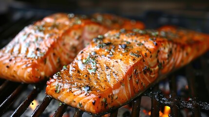 Salmon fillet cooking the grill.