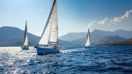 Sailing ship yachts with white sails in the open sea