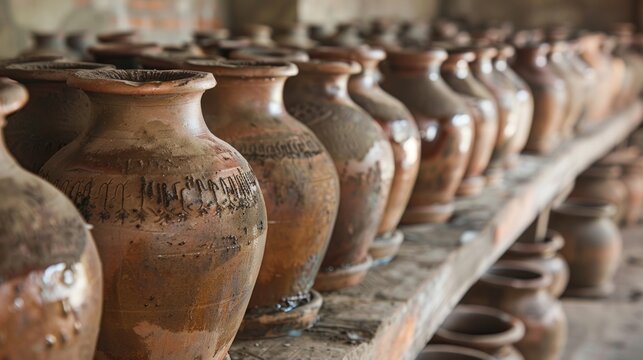 A row of clay jars filled with freshly pressed oil waiting to be sealed.