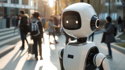 nice robot with a face on the white street with a blurred background in high resolution and high quality HD