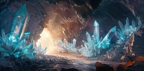 A dark cave filled with massive crystals, photorealistic and cinematic, with glowing light coming from the back of it, fantasy concept art in the style of photorealistic