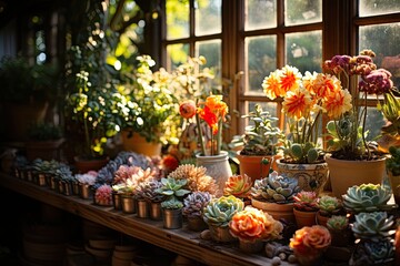 Fototapeta premium Succulent radiants in sunny corner., generative IA