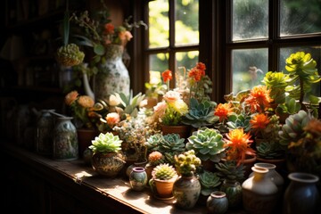Succulent radiants in sunny corner., generative IA
