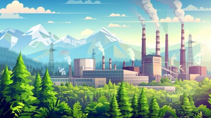 industrial landscape with factory and green trees. world environment day 