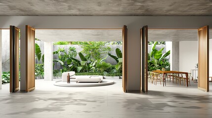 Beautiful contemporary loft style living and dining room with tropical garden view. Generative Ai